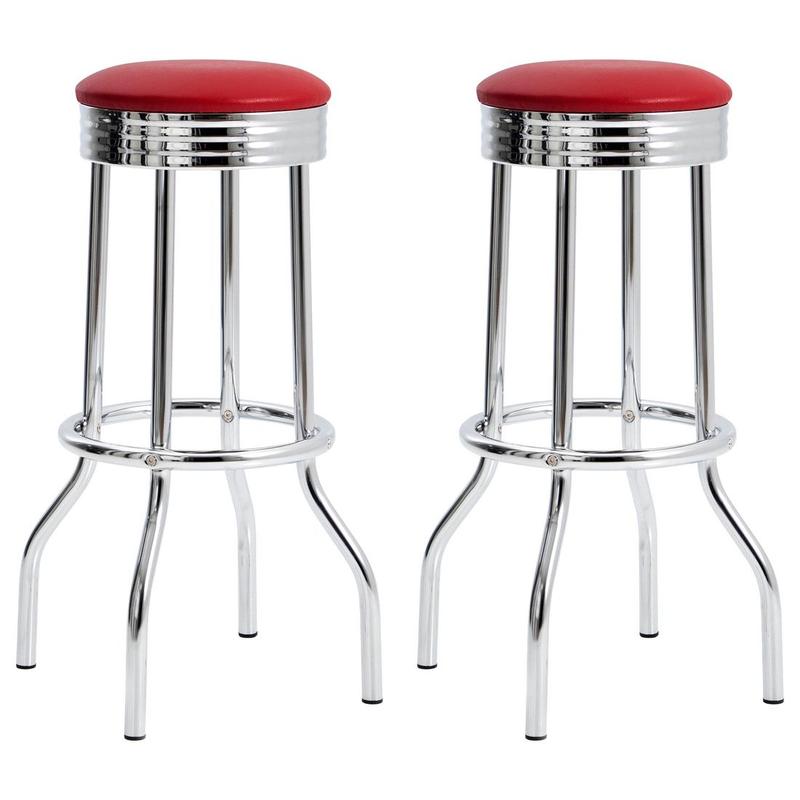 Retro Upholstered Metal Swivel Bar Stool Red (Set of 2)