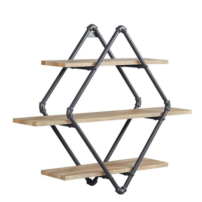 Brantley Oak & Sandy Black Finish Wall Rack W/3 Shelves
