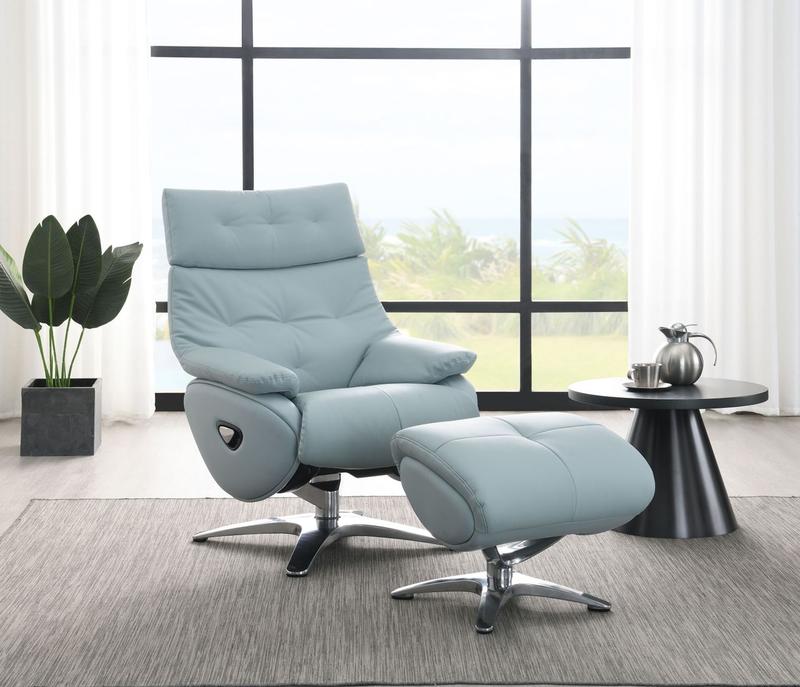 Janella Babyblue Top Grain Leather Motion Accent Chair W/Swivel & Ottoman