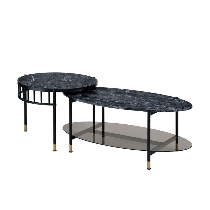 Silas Engineered Stone Top & Black Finish Nesting Coffee Table Set