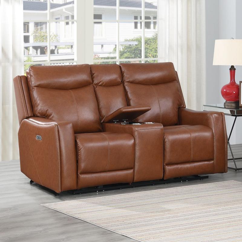 Natalia Power Loveseat Console Recliner - Caramel Leather