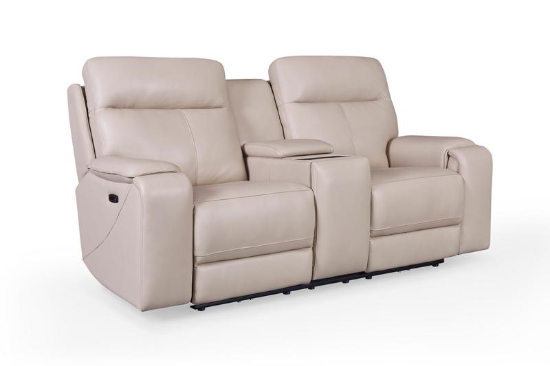 Bandera Dual Power Console Lay Flat Leather Loveseat, Putty