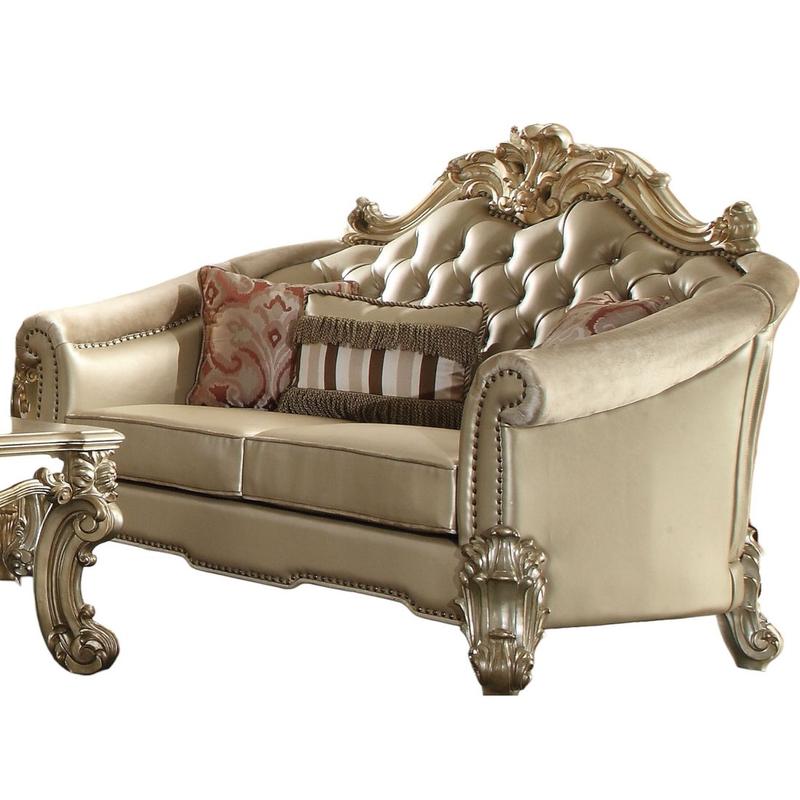 Vendome II Bone Synthetic Leather & Gold Patina Loveseat W/3 Pillows