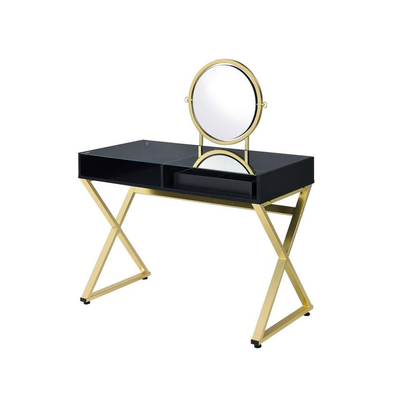 Coleen Black & Gold Finish Vanity Desk W/Mirror & Jewelry Tray