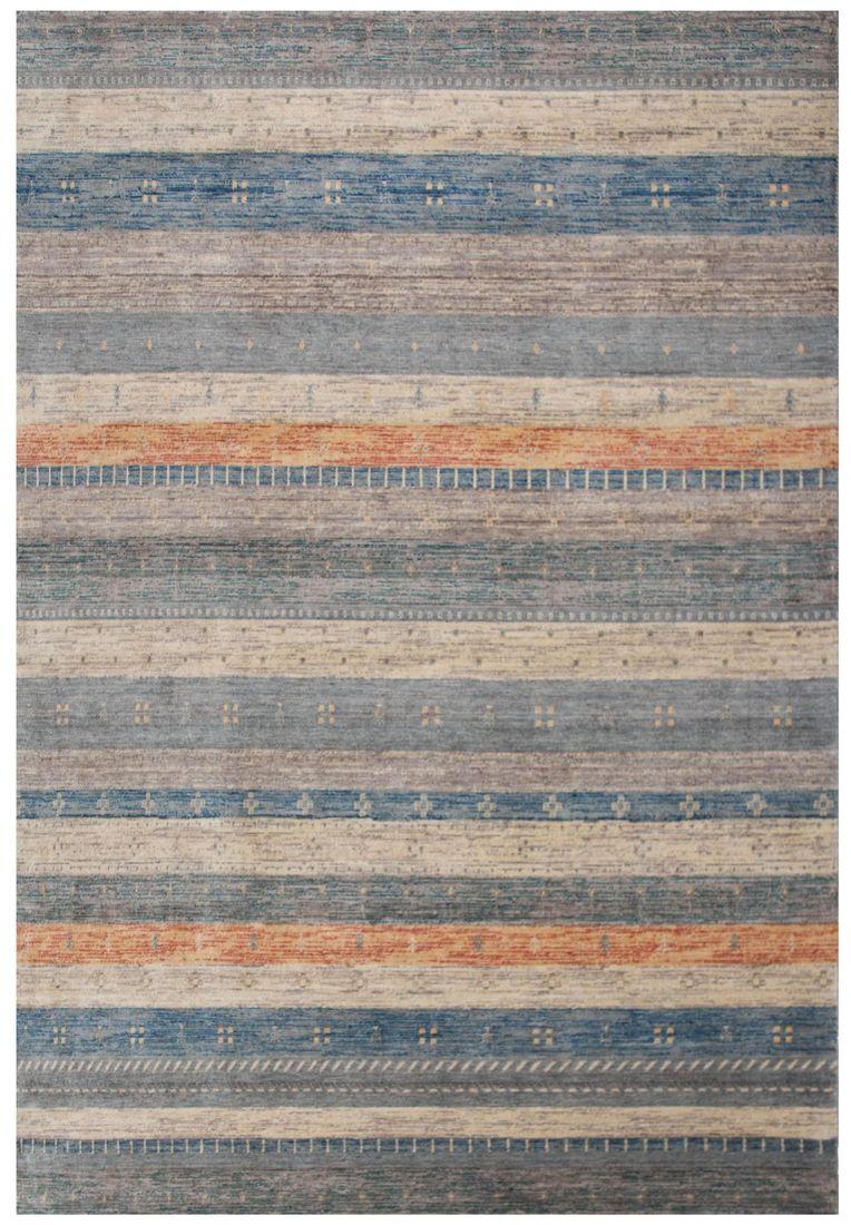 Multi-Color Striped Area Rug with Geometric Accents